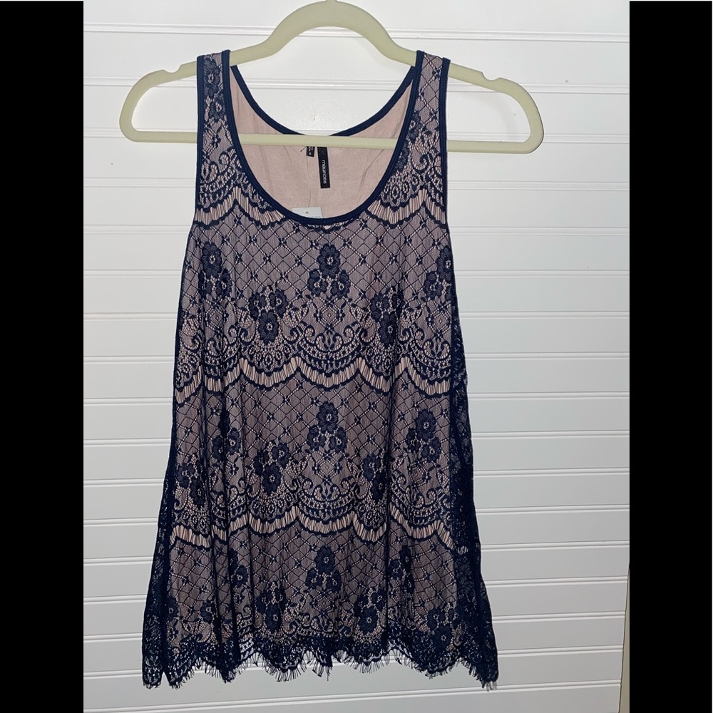 New Lace Dressy Tank Top Tunic 2 Layer Overlay Size Small SM Navy Blue Pink